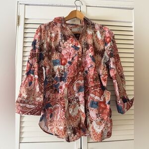 Chico’s No Iron Floral Print collage shirt Women's Top pink blue rust 1.5 12